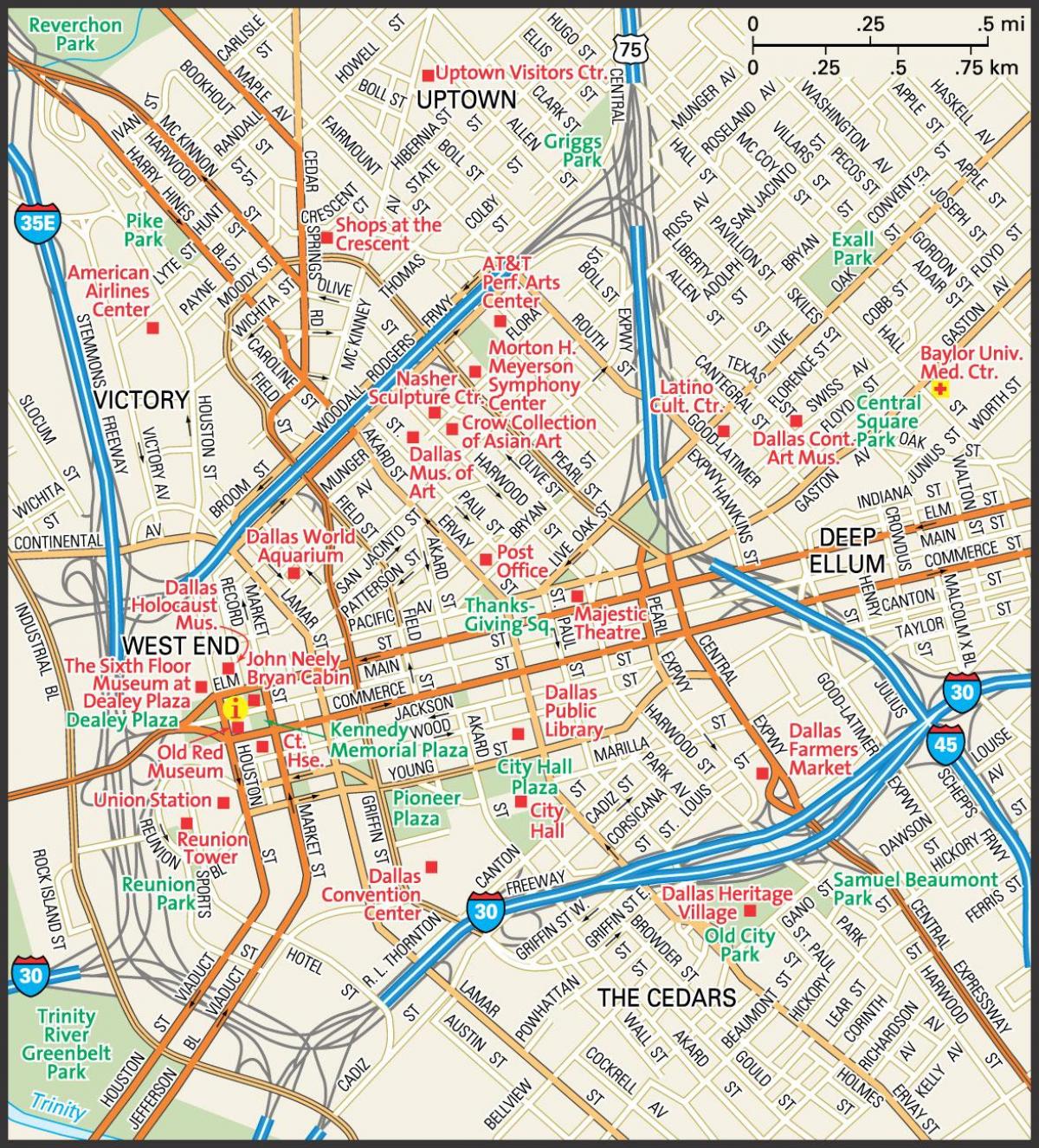 mapa do centro de Dallas rúas